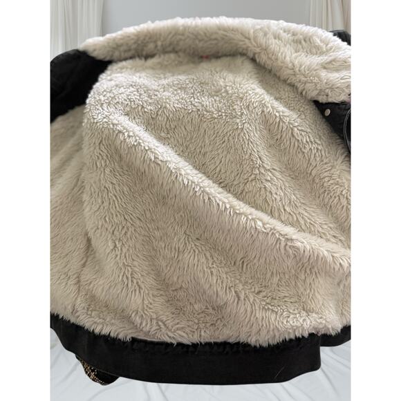 Pacsun Black Denim Jacket Sherpa Collar Rose Embroidery Women’s Size S - Picture 10 of 11